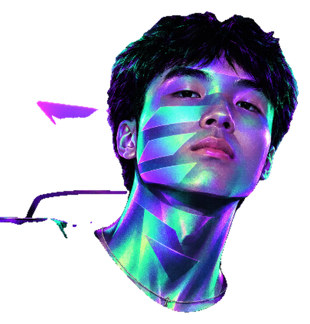 Portrait of Solana Kimchi with neon light striping his face