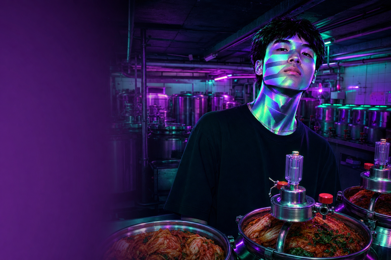Solana Kimchi standing among sealed steel kimchi crocks in a neon-lit cold room